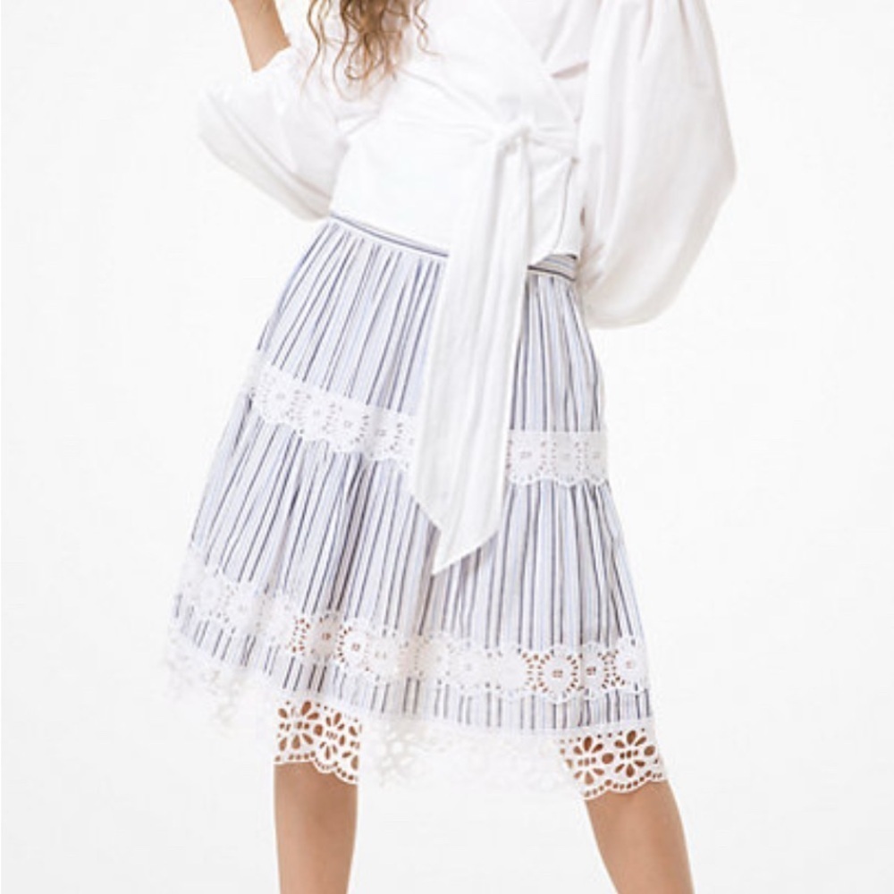 Michael Kors Womens 12 Striped Cotton Gauze Eyelet Skirt Cottage Grandmillenial